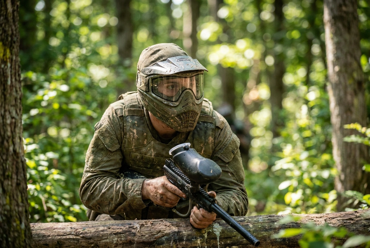 Player wearing a full-coverage thermal-lens paintball mask on an outdoor field