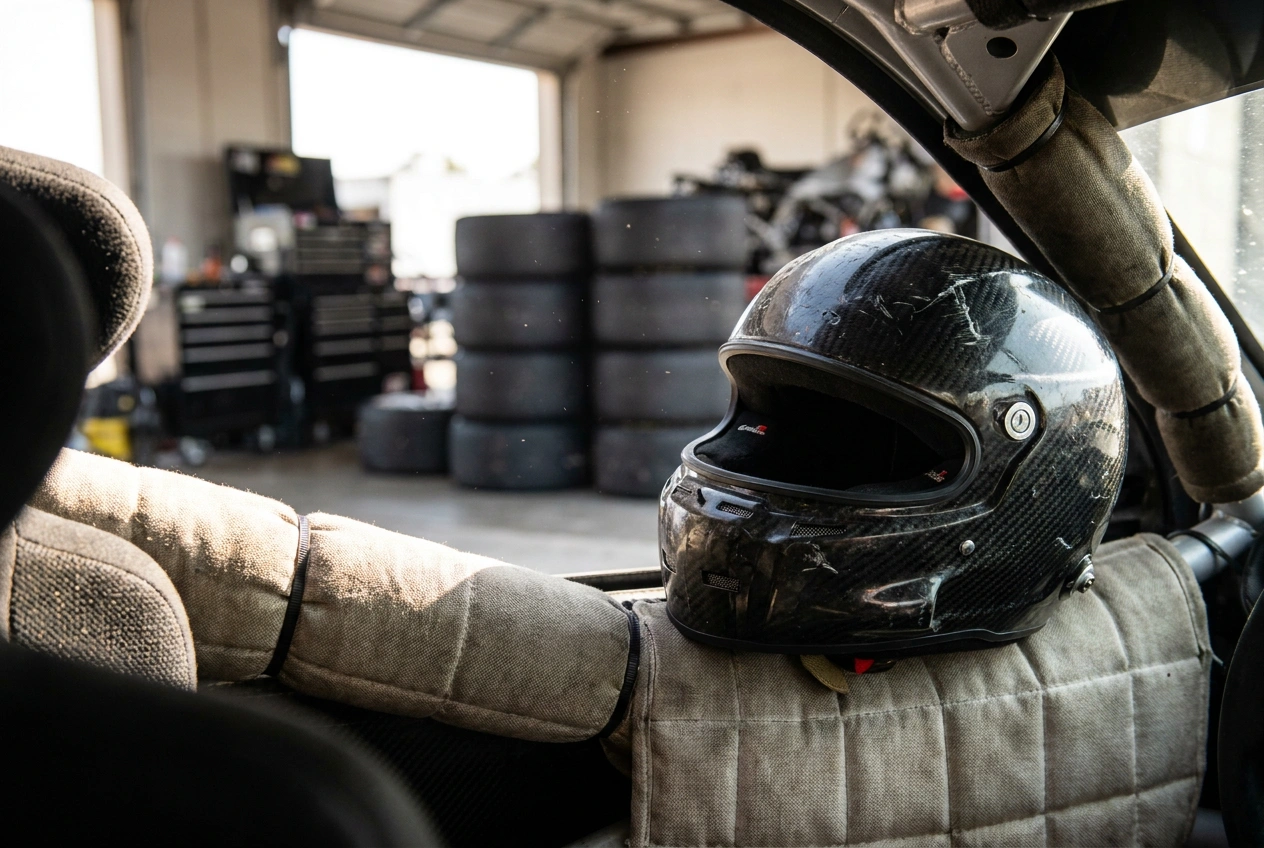 Full-face auto racing helmet with Snell SA certification resting in a race car cockpit near the roll cage