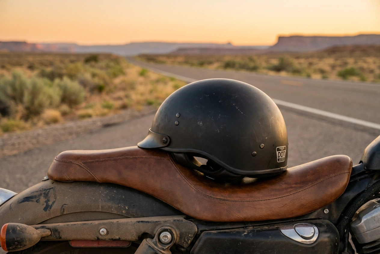 Matte black DOT half helmet with sun peak resting on a motorcycle seat on a desert highway