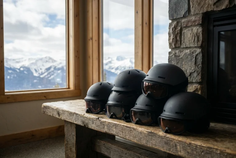 Row of certified ski helmets with goggles at a mountain lodge, alpine peaks in the background