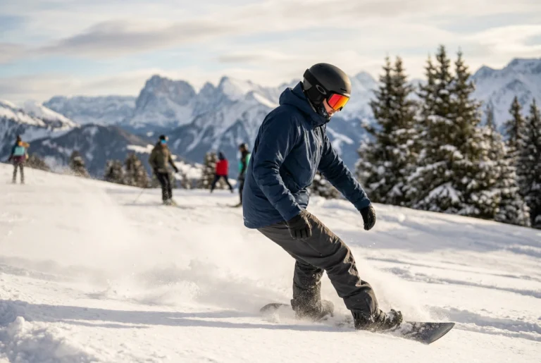 Snowboarder wearing a low-profile MIPS snowboard helmet riding down a powder slope