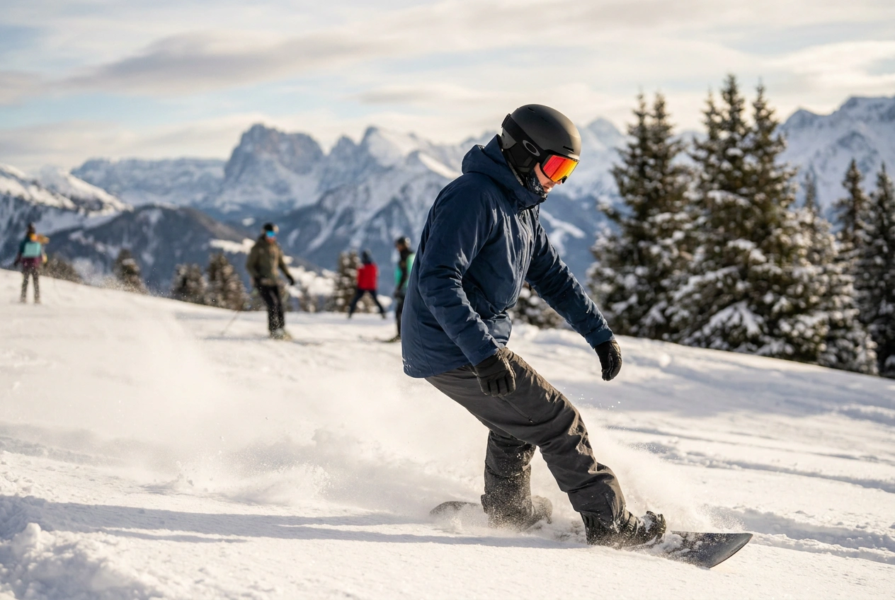 Snowboarder wearing a low-profile MIPS snowboard helmet riding down a powder slope