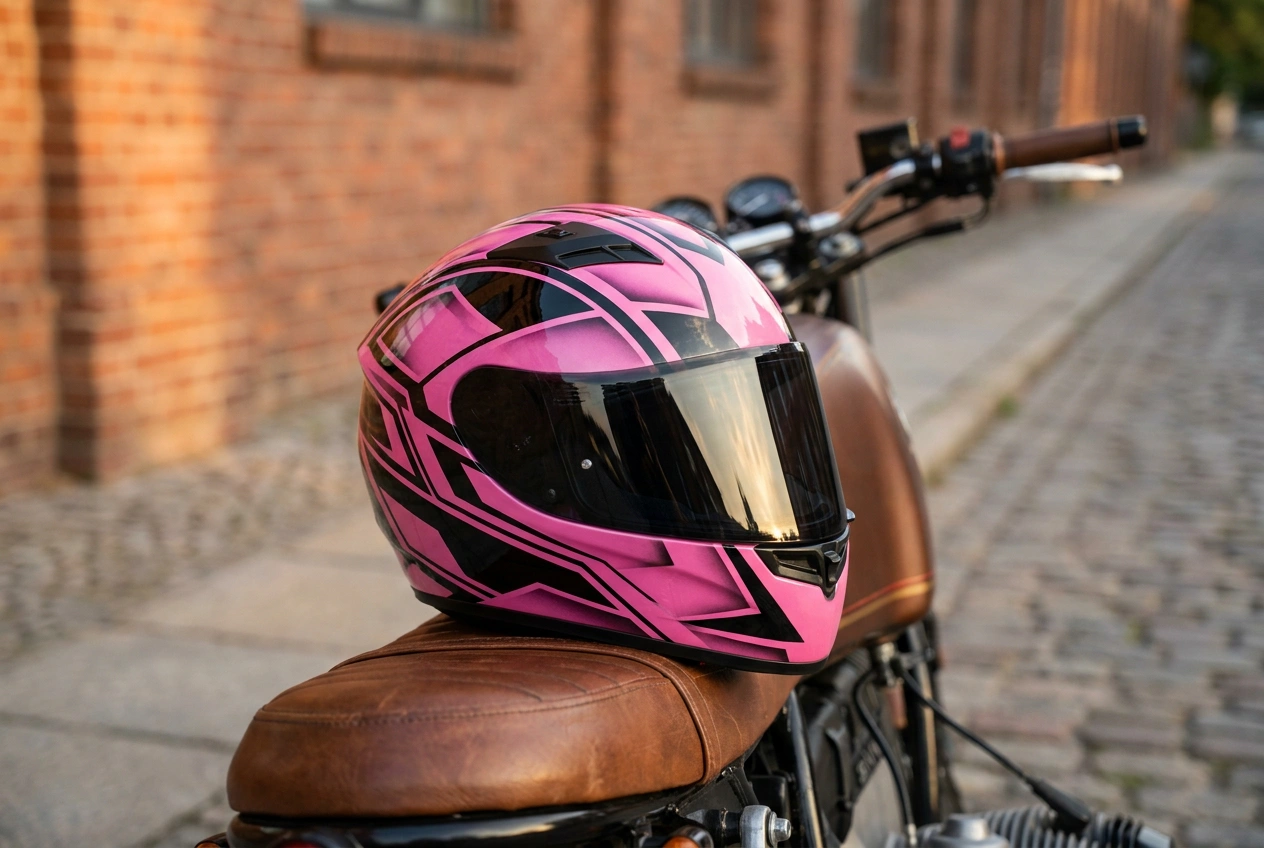 Women's motorcycle helmet resting on a motorcycle seat outdoors