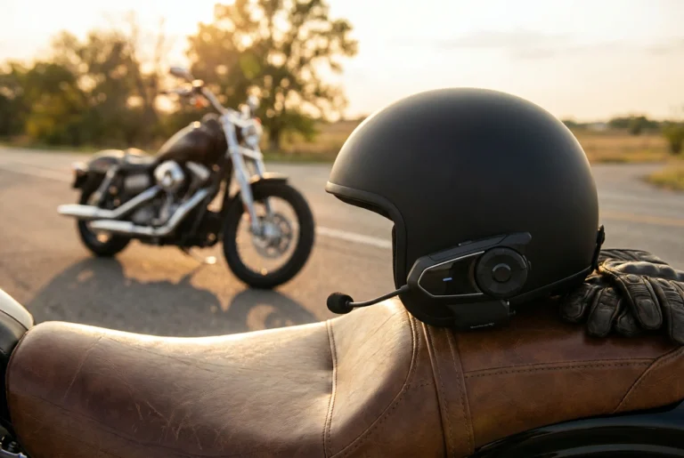 Bluetooth communication headset mounted on a half helmet for Harley riding