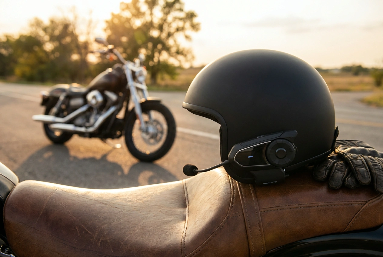 Bluetooth communication headset mounted on a half helmet for Harley riding