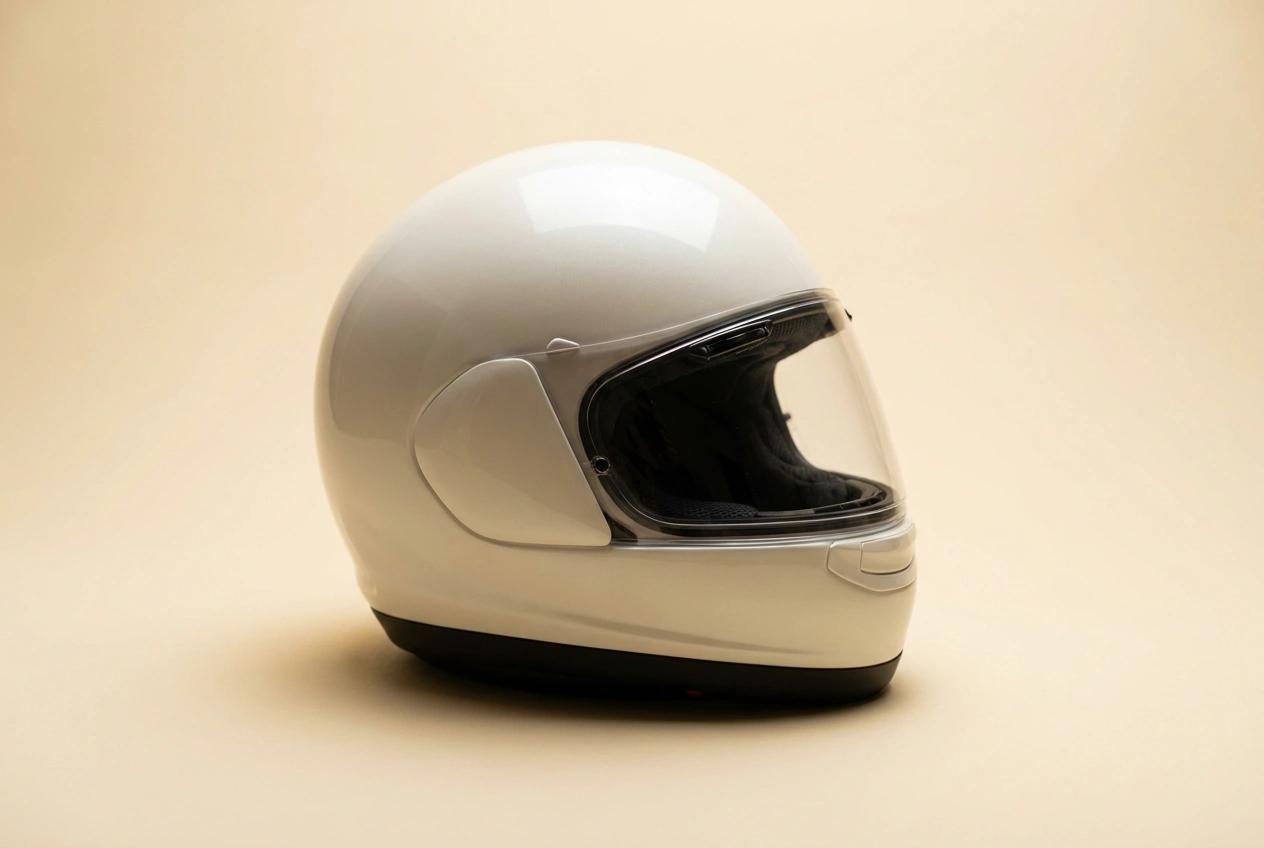 Clean pearl-white full-face motorcycle helmet