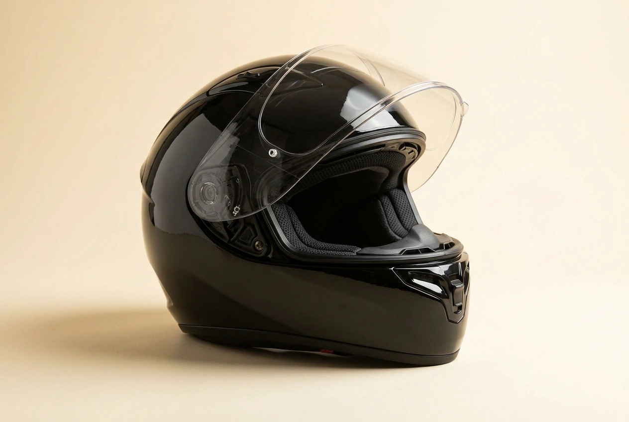 Glossy black full-face motorcycle helmet