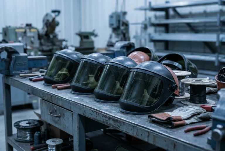 Arc flash face shields with hard caps on a workshop bench
