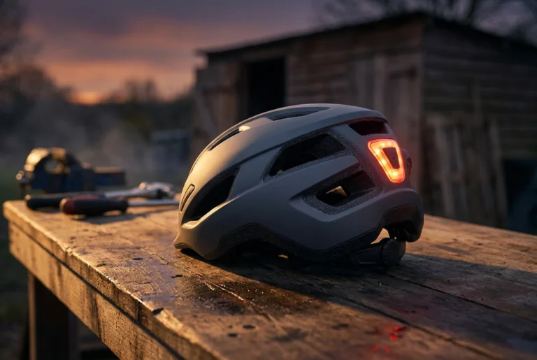 Bike helmet with built-in LED rear light on a workbench at dusk
