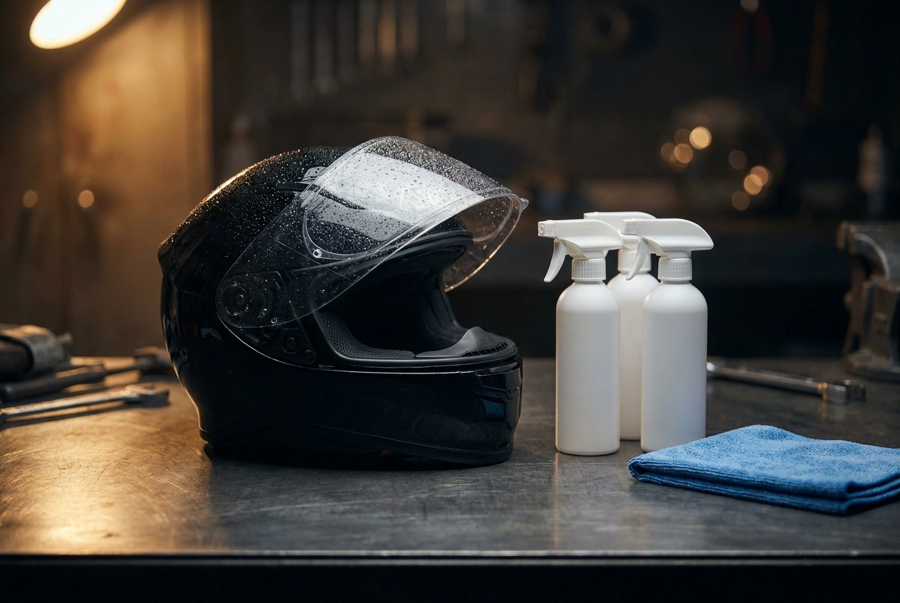 Motorcycle helmet with visor open beside cleaning spray bottles and a microfiber cloth on a workshop bench