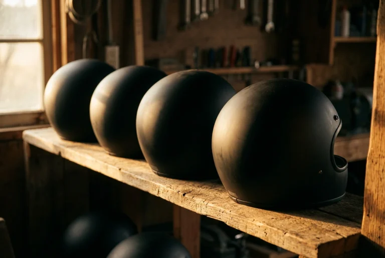 motorcycle helmets on a workshop shelf
