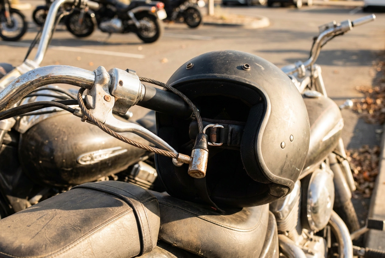 A motorcycle helmet locked to a parked bike handlebar with a metal cable lock through the chin-strap D-ring