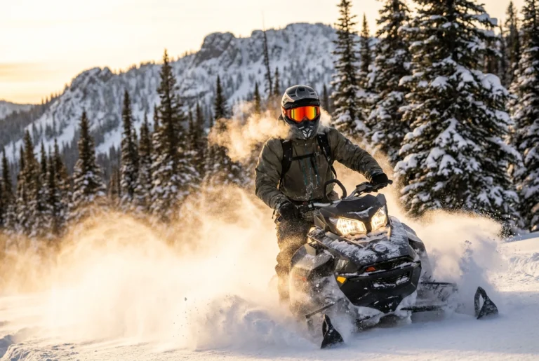 Snowmobile rider wearing heated dual-pane snow goggles at a mountain trailhead