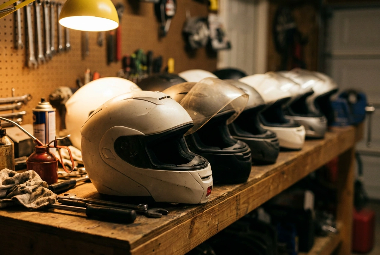 Several budget DOT-approved motorcycle helmets lined up on a workbench