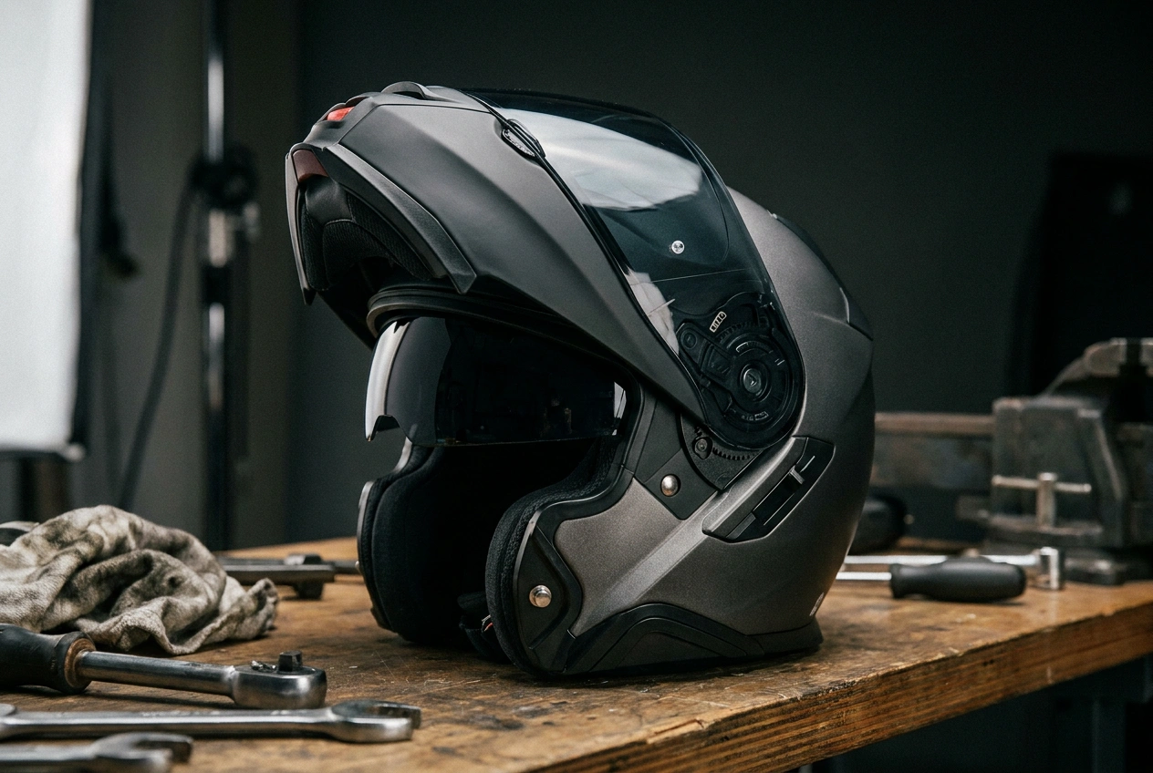 Motorcycle helmet with a built-in drop-down sun visor
